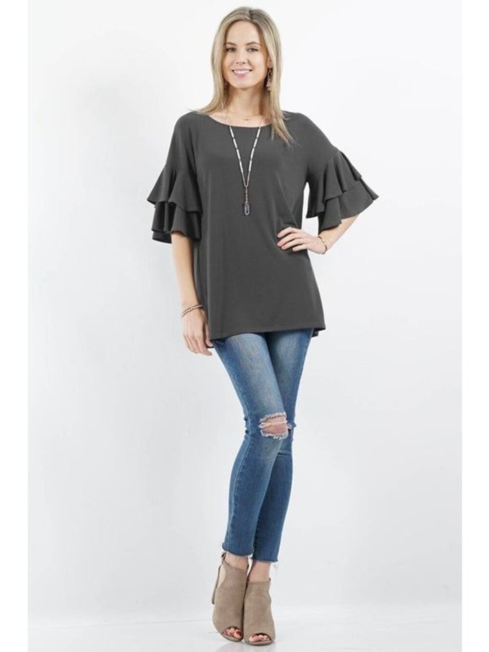 Zenana Charcoal Gray Ruffle Sleeve Tunic Top Womens S Soft & Lightweight Made In